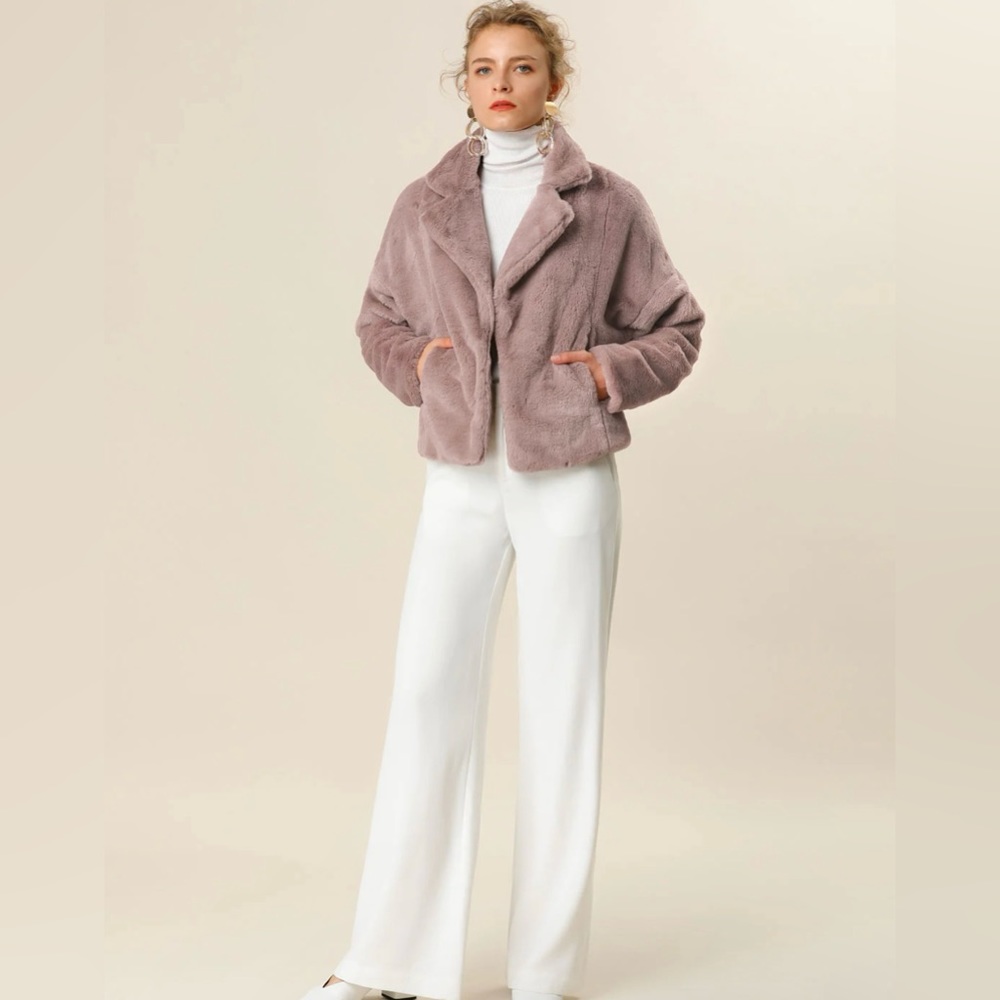Allegra K Cropped Jacket Notch Lapel Faux Fur Fluffy Coat color: dust pink
